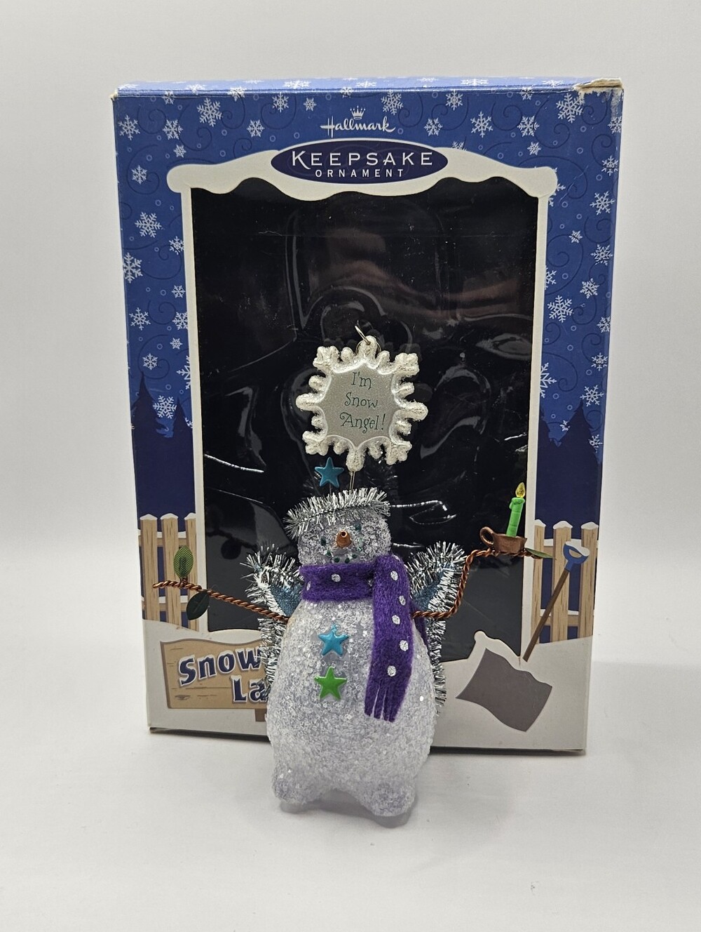 Hallmark 2003 Snow Angel Snowman Ornament with Purple Scarf and Star Accents